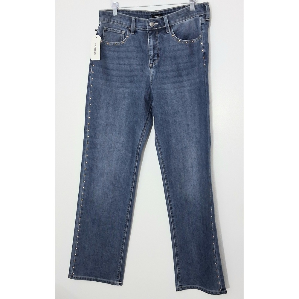 Express Jeans Women's Size 8 Embellished Studs Blue Pockets Zip Straight Leg NEW